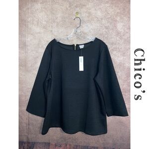 Chico's~3/4 sleeve textured black top~zipper back~Women’s size M/12~NWT
